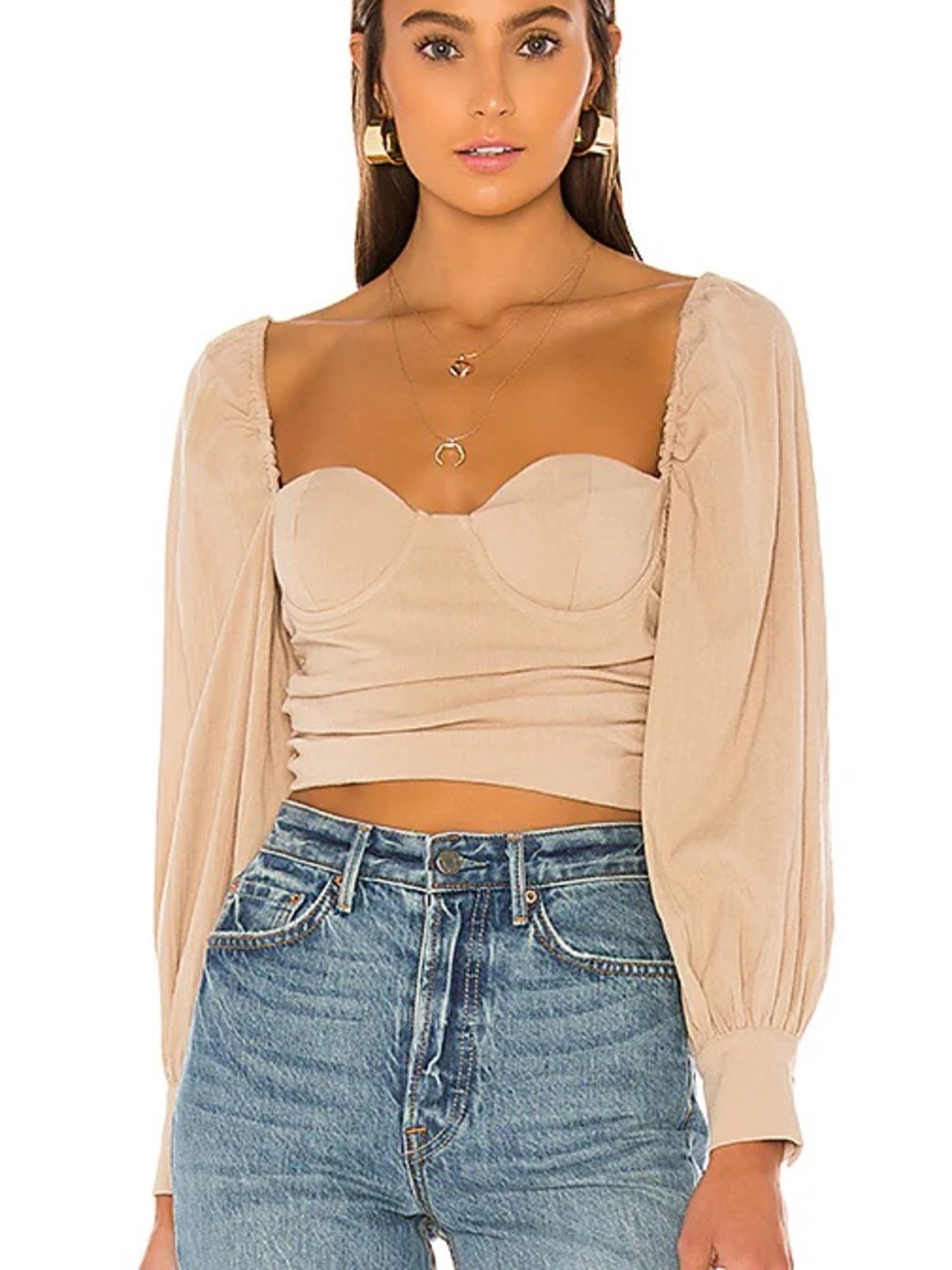 MAJORELLE Neutral Puff Sleeve Sweetheart Crop Top